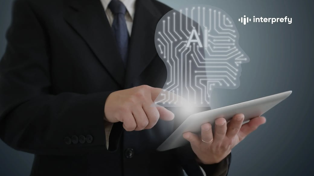 Interprefy use of AI reflected in a man with an ipad and AI coming out of it