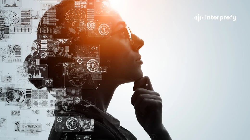 Person thinking of AI with Interprefy logo
