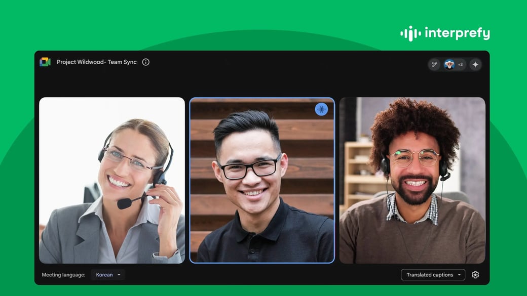 Google Meet meeting in Korean with three participants